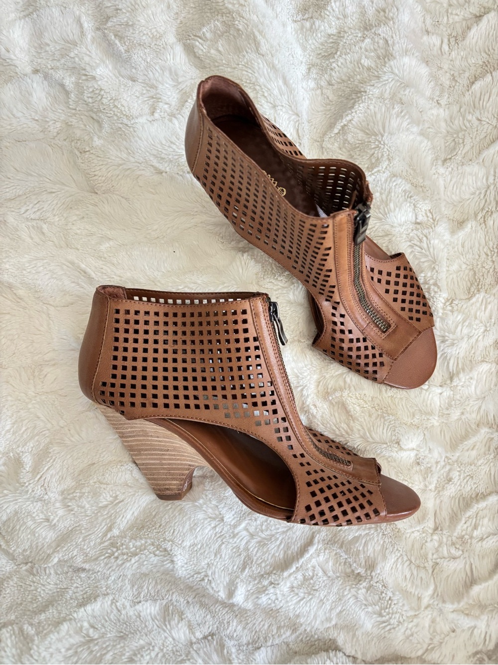 Crown Vintage Brown Perforated Peep-Toe Zip Heels